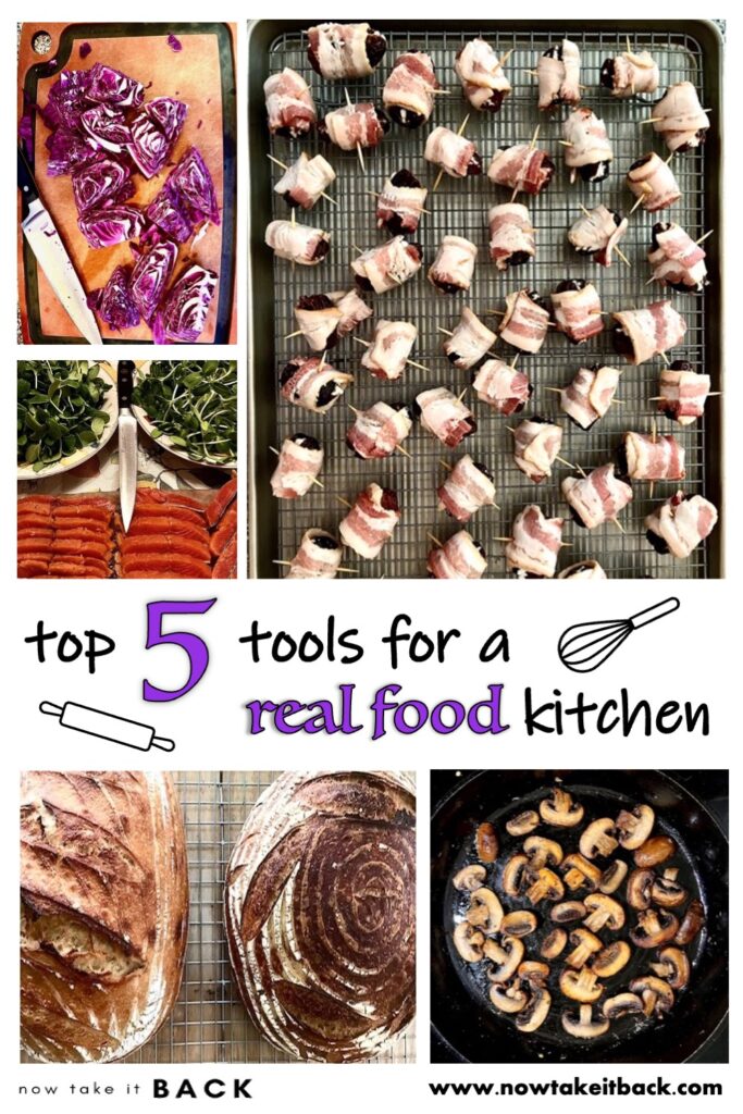 kitchen tools real food knives cutting board cast iron pan sourdough sheet pan scale roast fry cooling rack chop process scratch nutrition nutrient-dense bacon