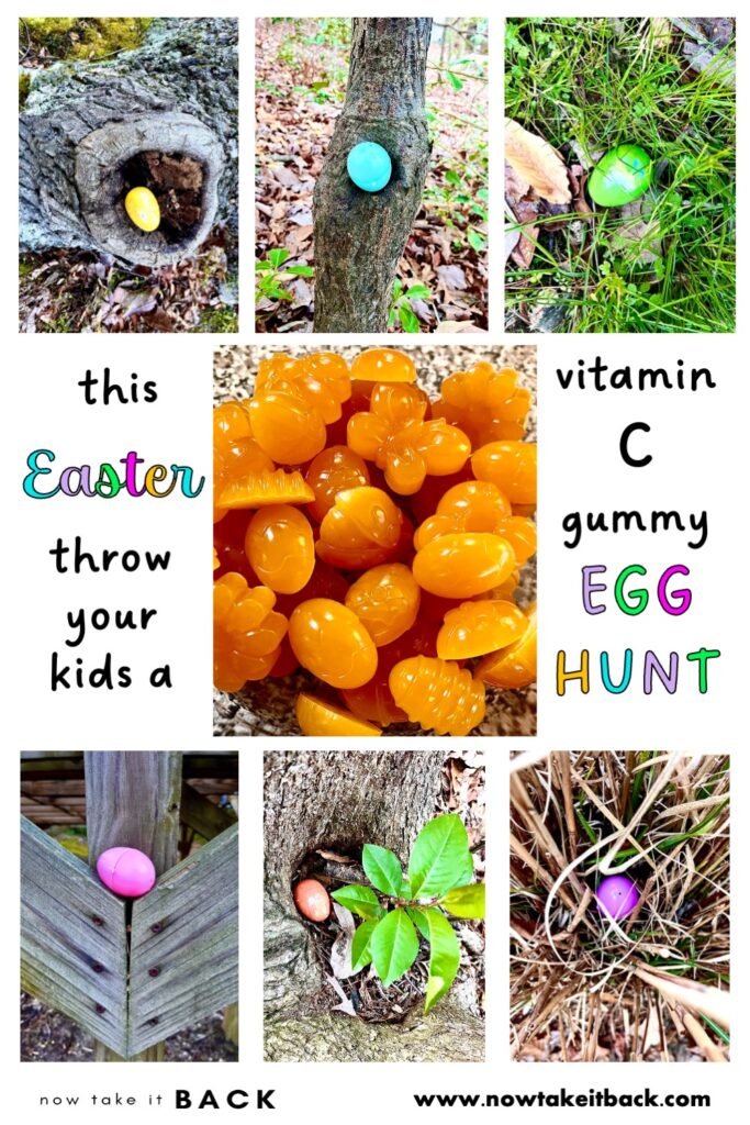 Easter, eggs, vitamin C gummies, orange, egg hunt, Easter baskets, Easter books, real food, candy alternatives, holiday, spring, basket fillers